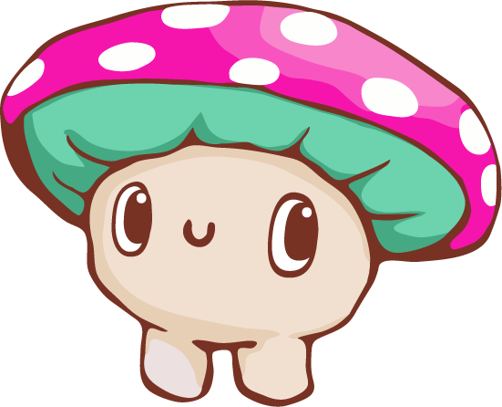 A cute mushroom character with a magenta cap with white spots, cyan-colored gills, cute eyes, a mouth, and legs but no arms. Below the mushroom is the word 'fufroom,' each letter in a different playful color, representing game designer Alex Bezuska.